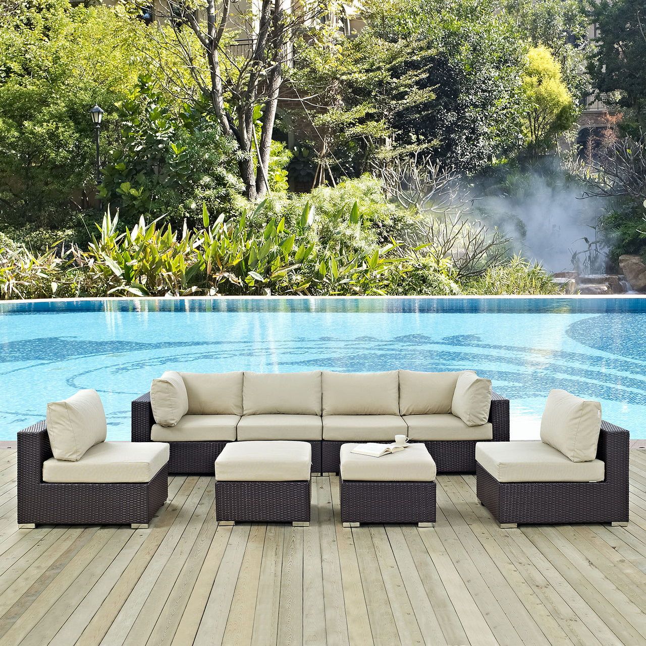 Convene 8 Piece Outdoor Patio Sectional Set, Espresso & Beige