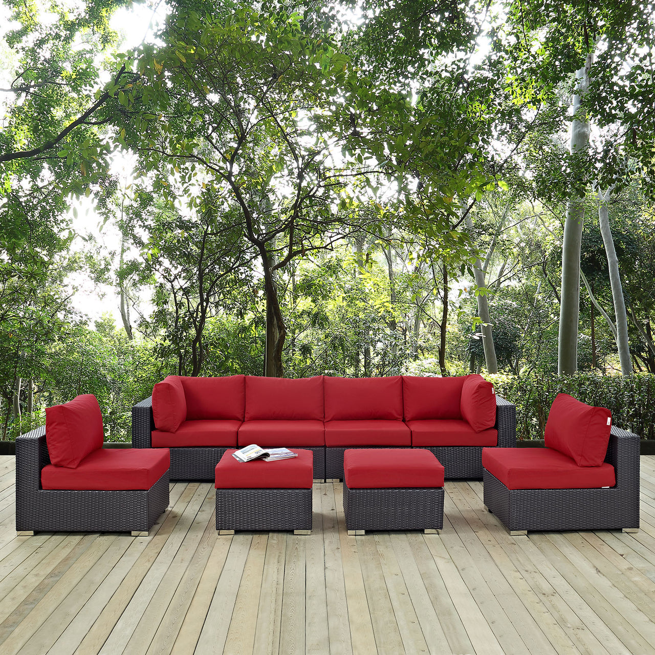 Conversation 8-Piece Alfresco Sectional Set, Espresso & Red