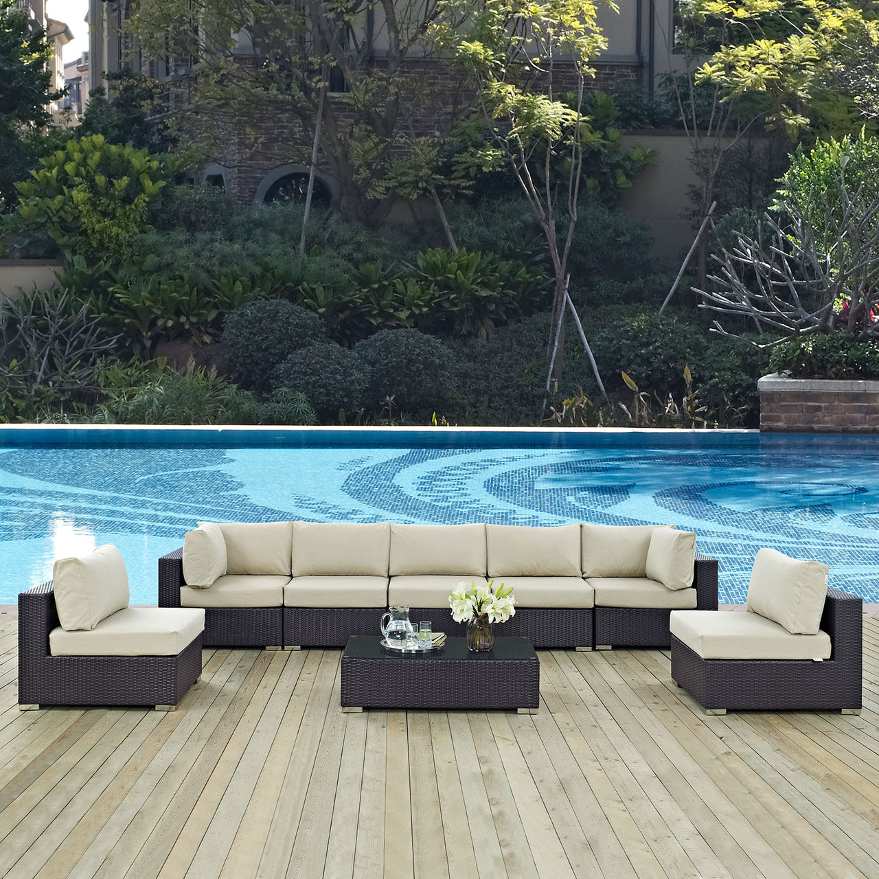 Convene 8 Piece Outdoor Patio Sectional Set, Espresso & Beige