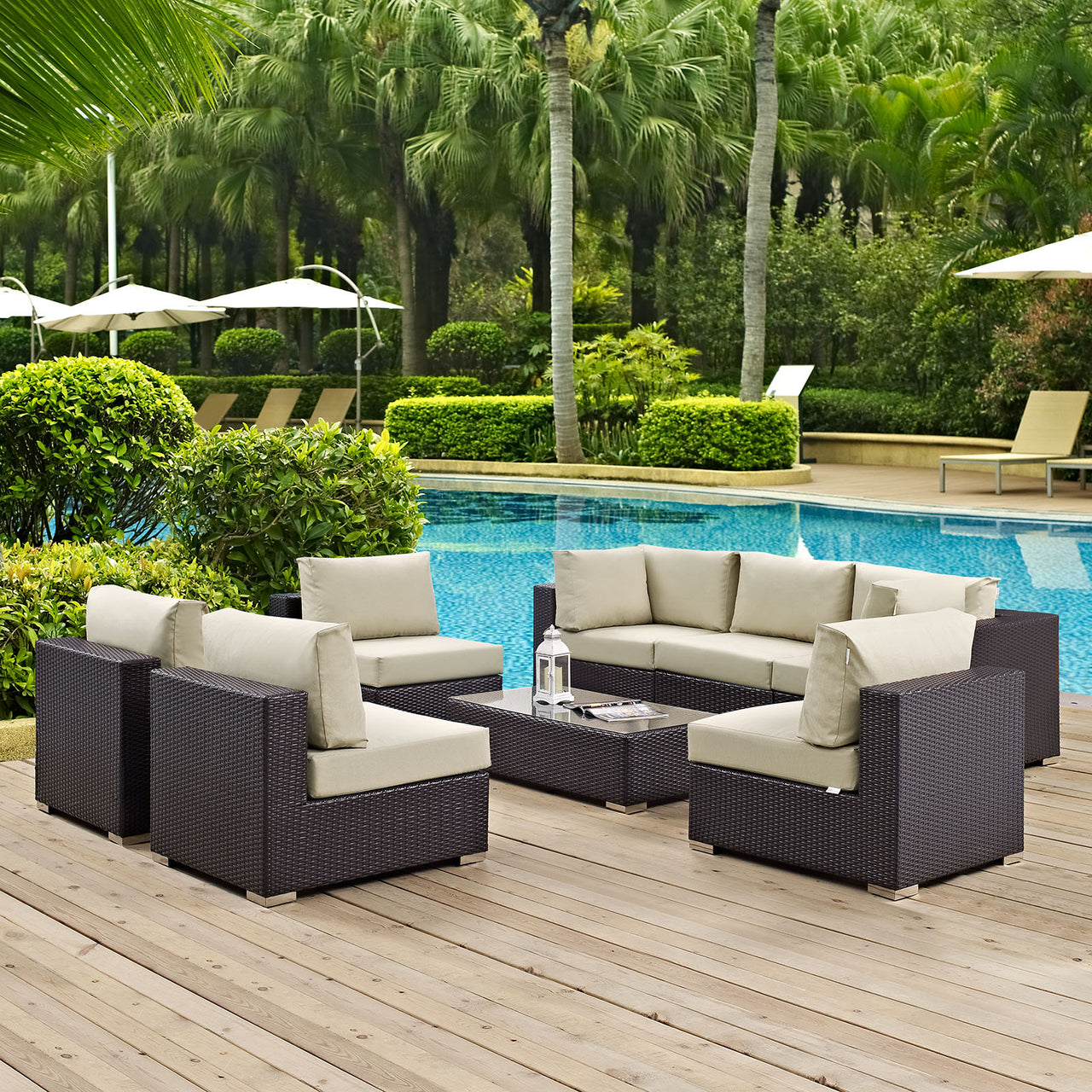 Convene 8 Piece Outdoor Patio Sectional Set, Espresso & Beige