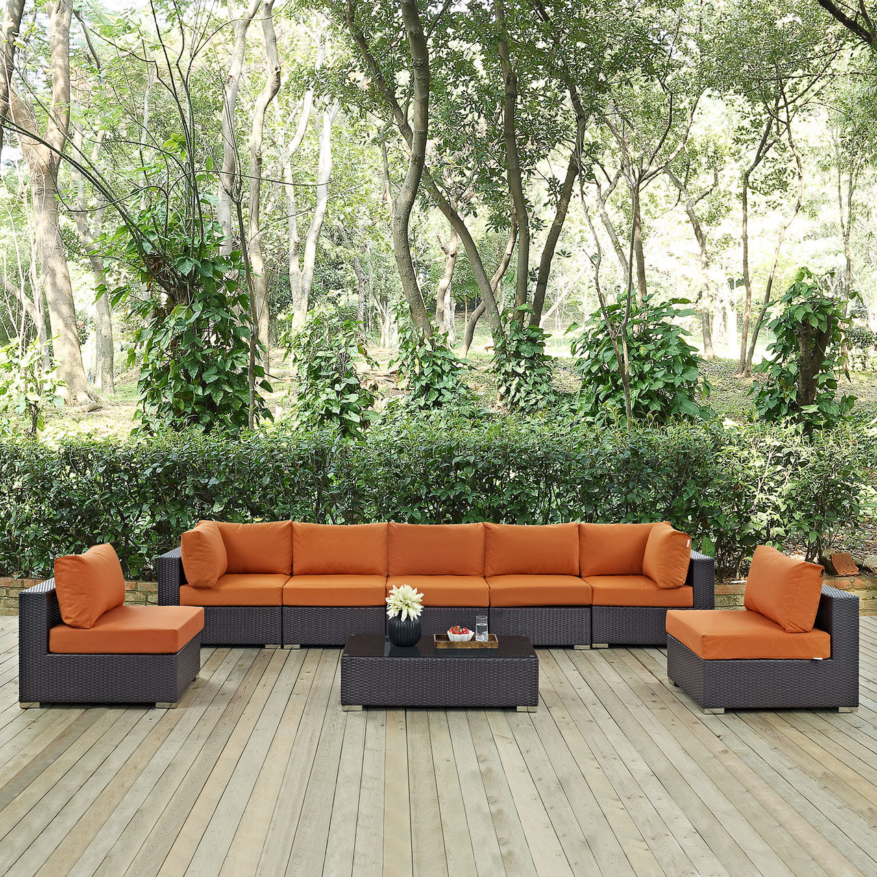 Convene 8 Piece Outdoor Patio Sectional Set, Espresso & Orange