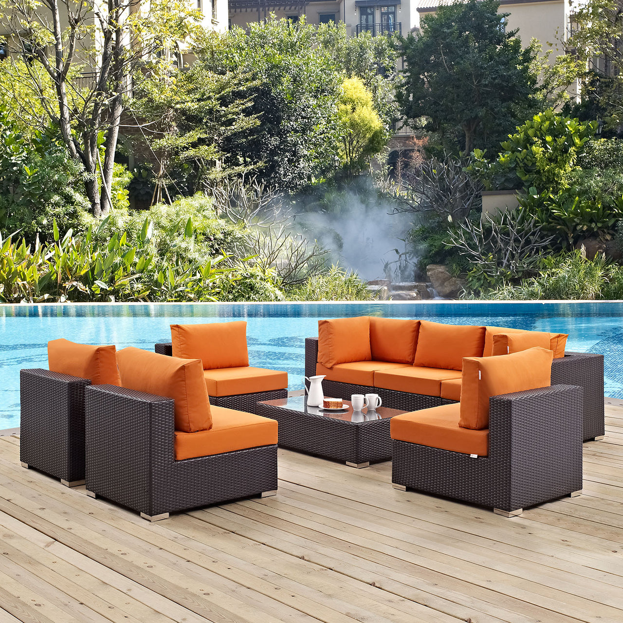 Convene 8 Piece Outdoor Patio Sectional Set, Espresso & Orange