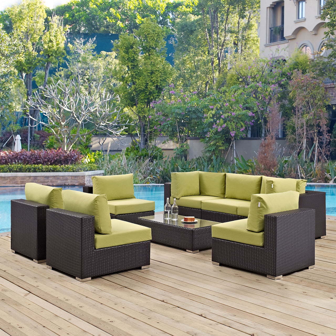 Conversation 8-Piece Alfresco Sectional Set, Espresso & Peridot