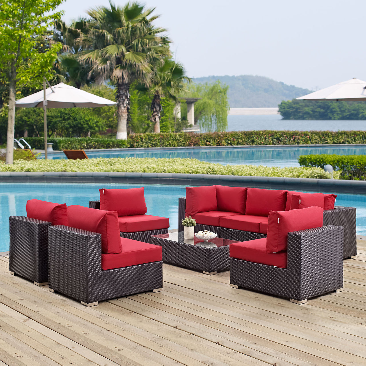 Convene 8 Piece Outdoor Patio Sectional Set, Espresso & Red