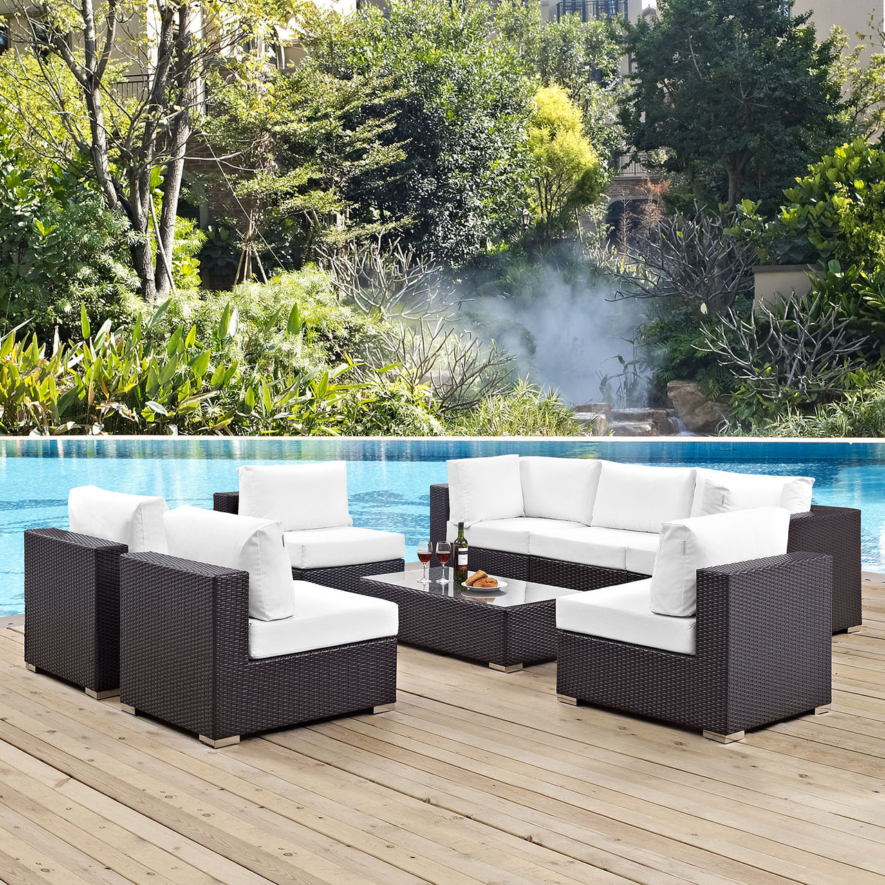 Conversation 8-Piece Alfresco Sectional Set, Espresso & White
