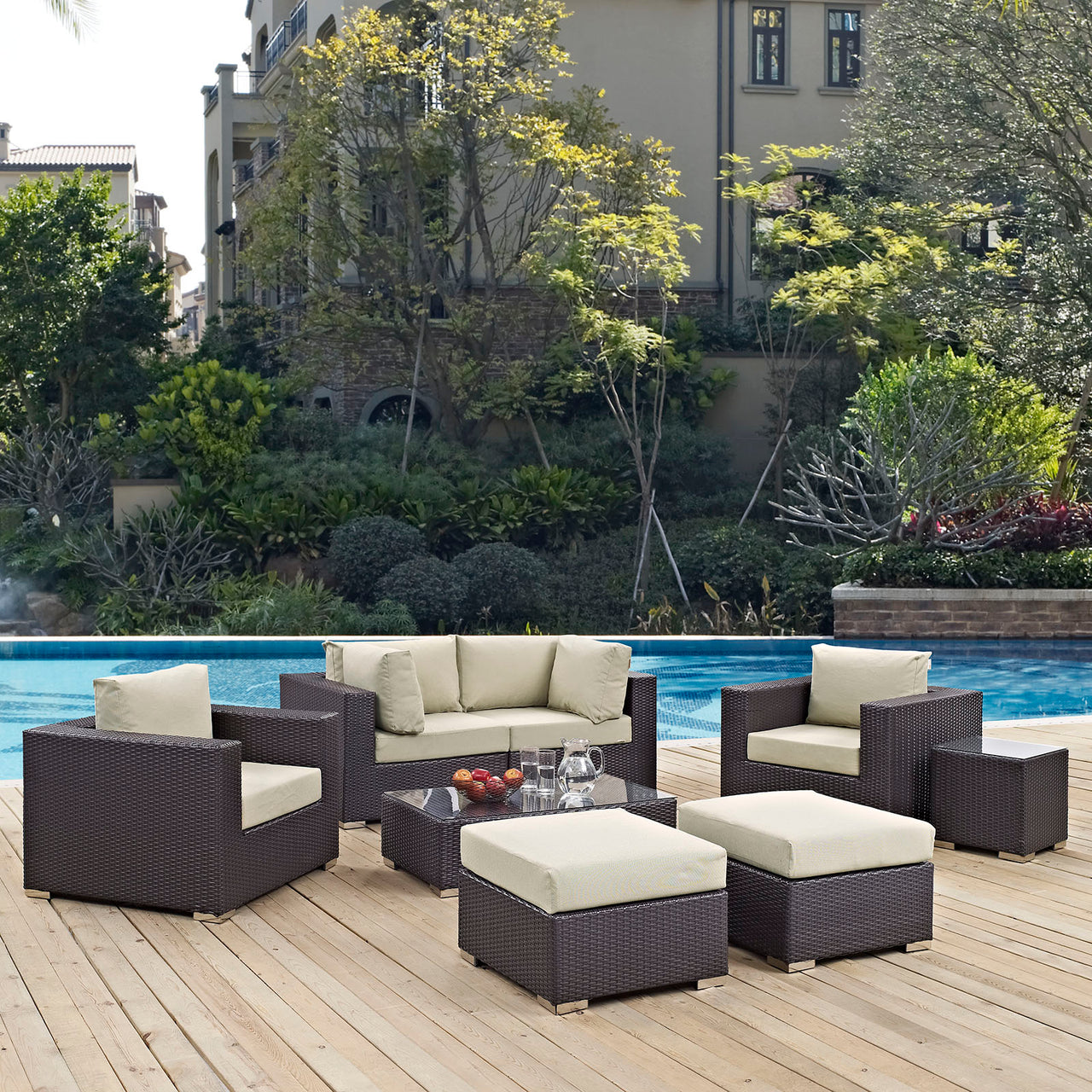 Convene 8 Piece Outdoor Patio Sectional Set, Espresso & Beige