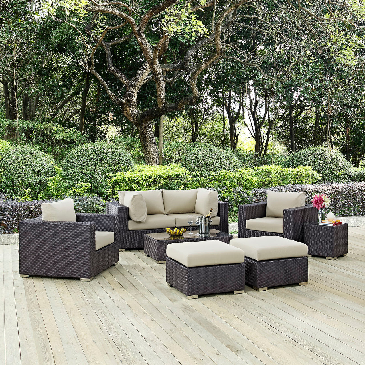 Convene 8 Piece Outdoor Patio Sectional Set, Espresso & Beige