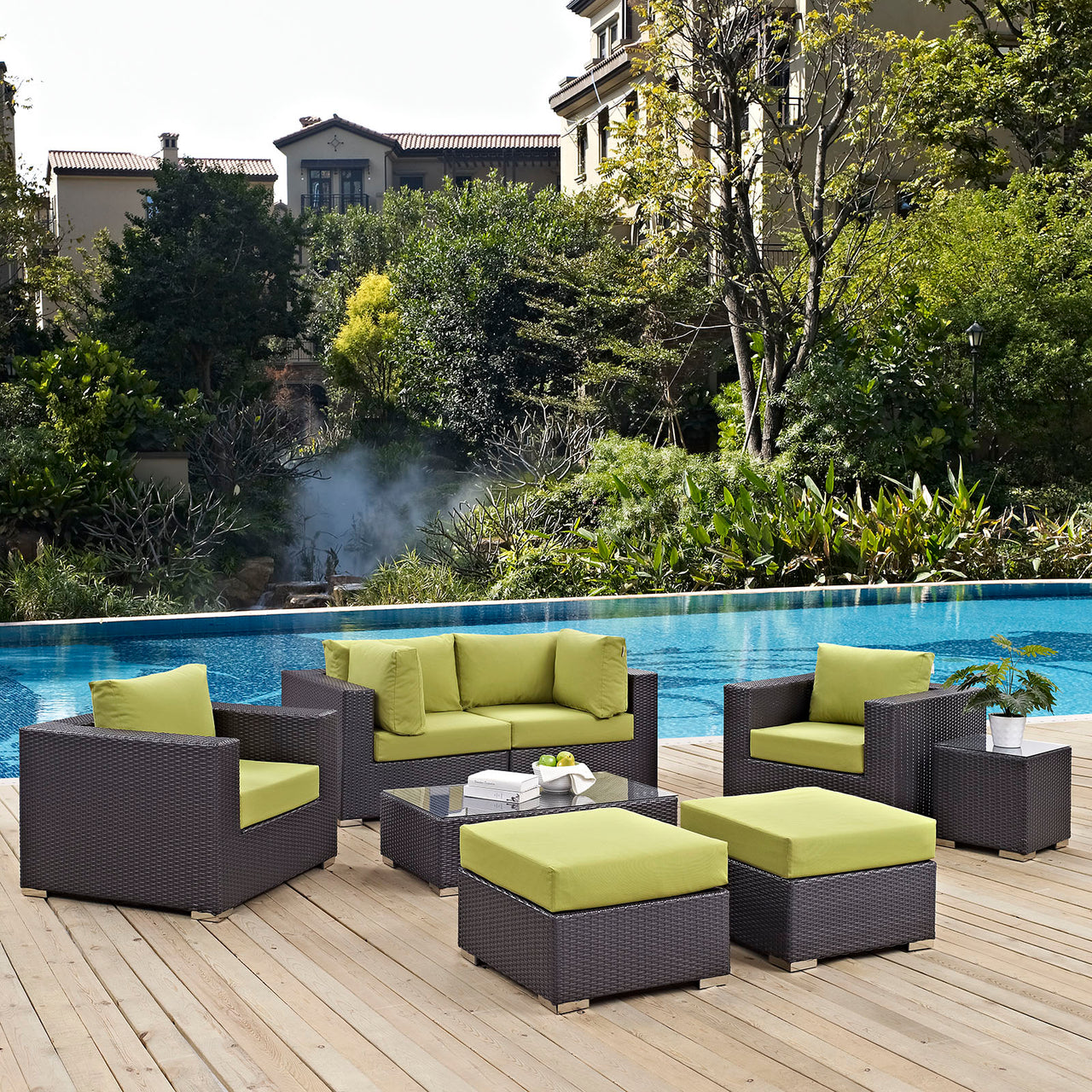 Conversation 8-Piece Alfresco Sectional Set, Espresso & Peridot