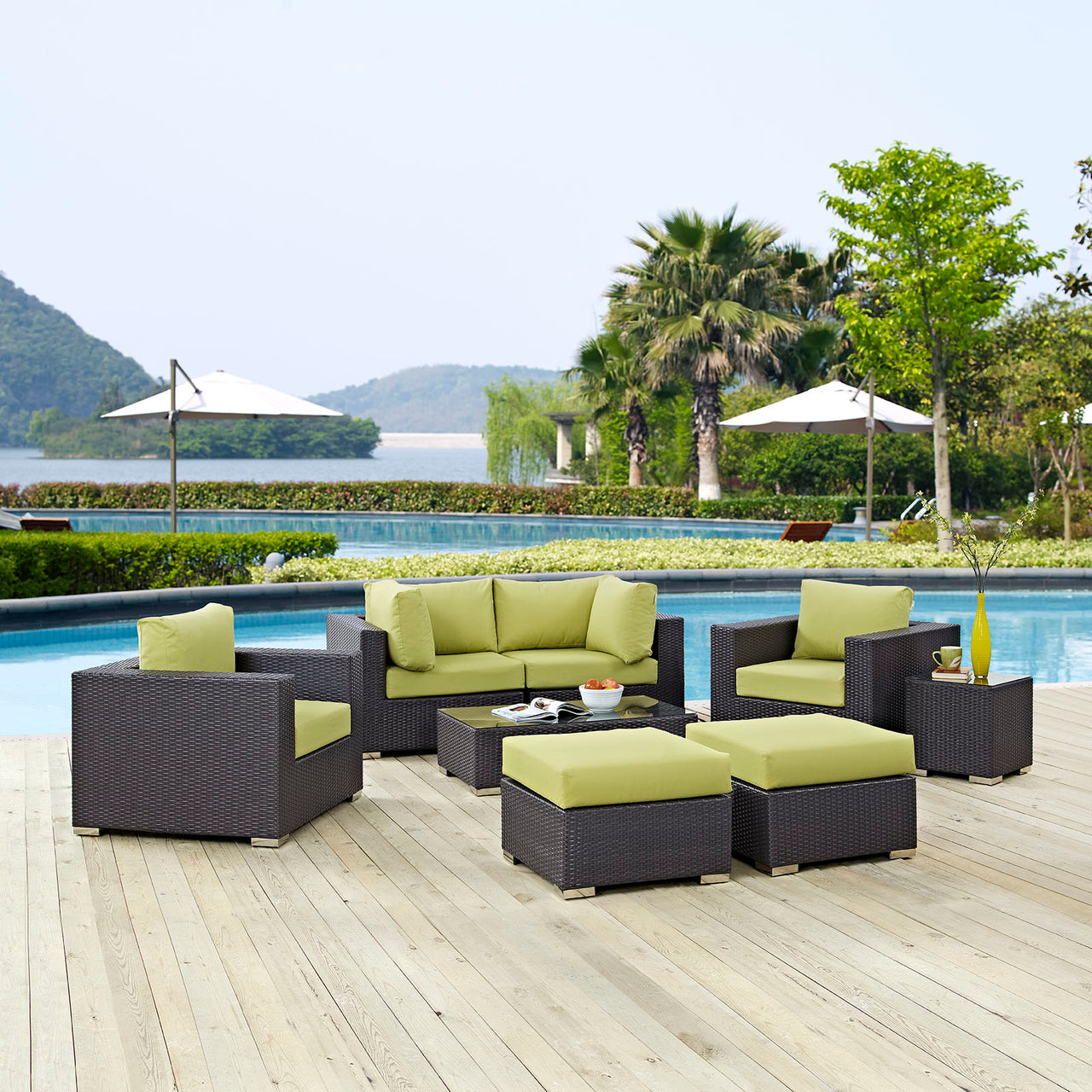 Conversation 8-Piece Alfresco Sectional Set, Espresso & Peridot