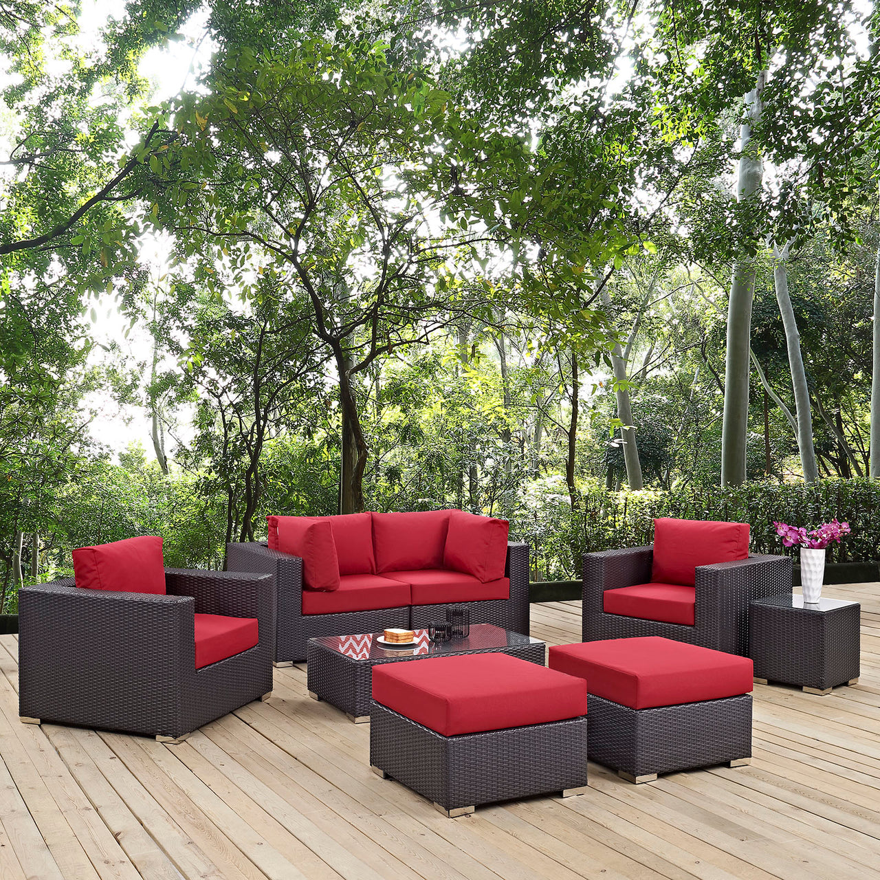 Conversation 8-Piece Alfresco Sectional Set, Espresso & Red