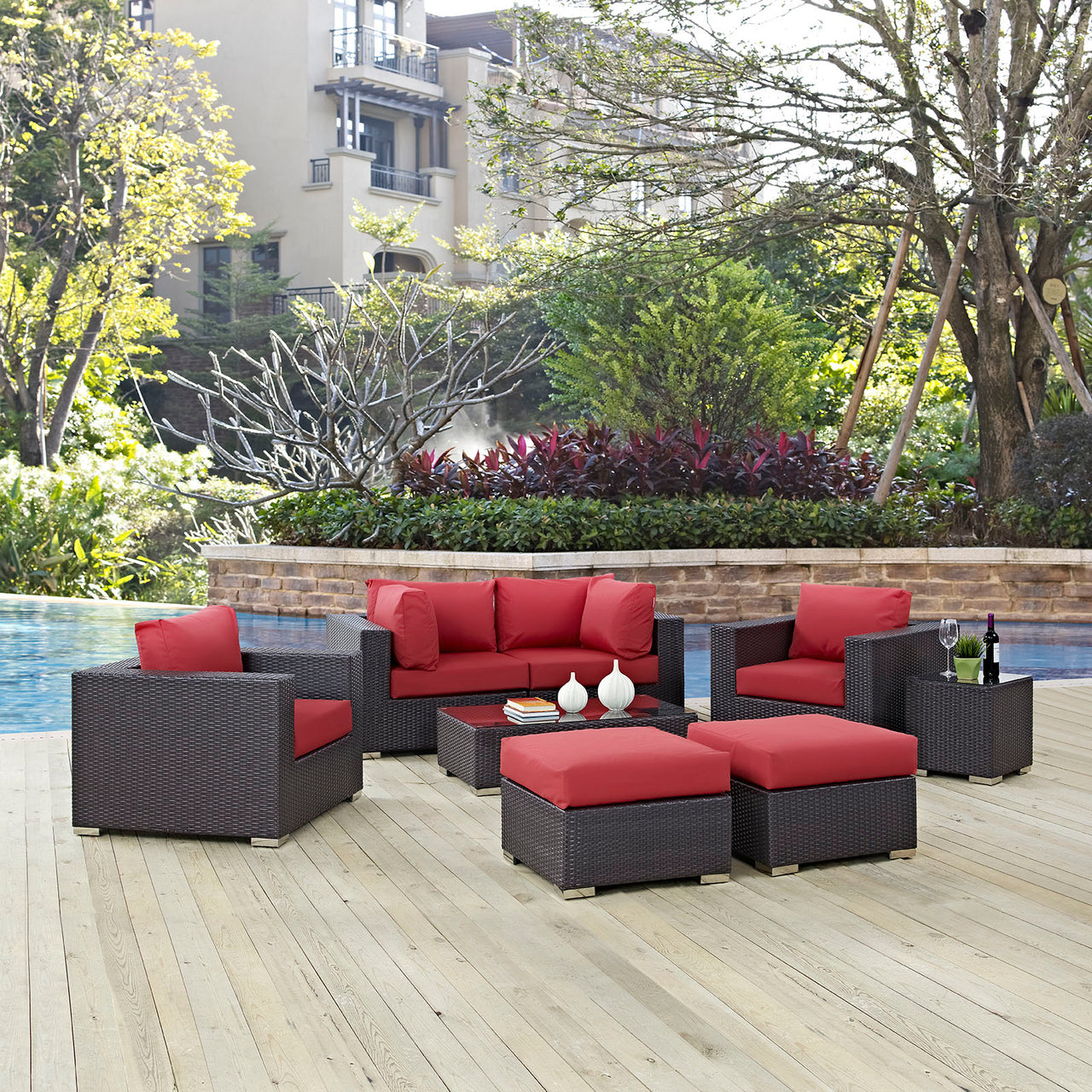 Conversation 8-Piece Alfresco Sectional Set, Espresso & Red