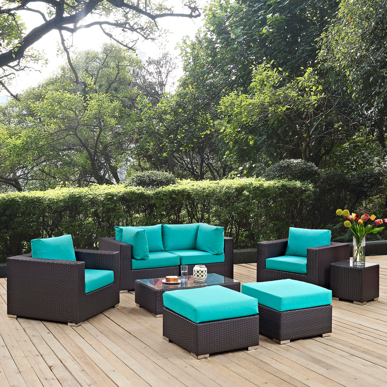 Conversation 8-Piece Alfresco Sectional Set, Espresso & Turquoise