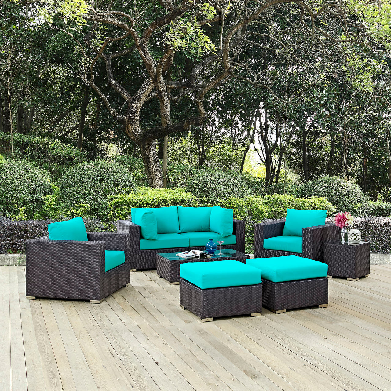Conversation 8-Piece Alfresco Sectional Set, Espresso & Turquoise