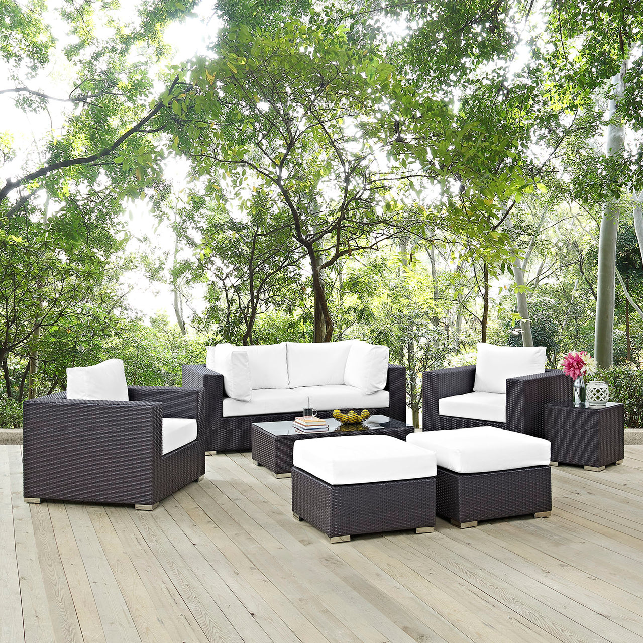 Convene 8 Piece Outdoor Patio Sectional Set, Espresso & White
