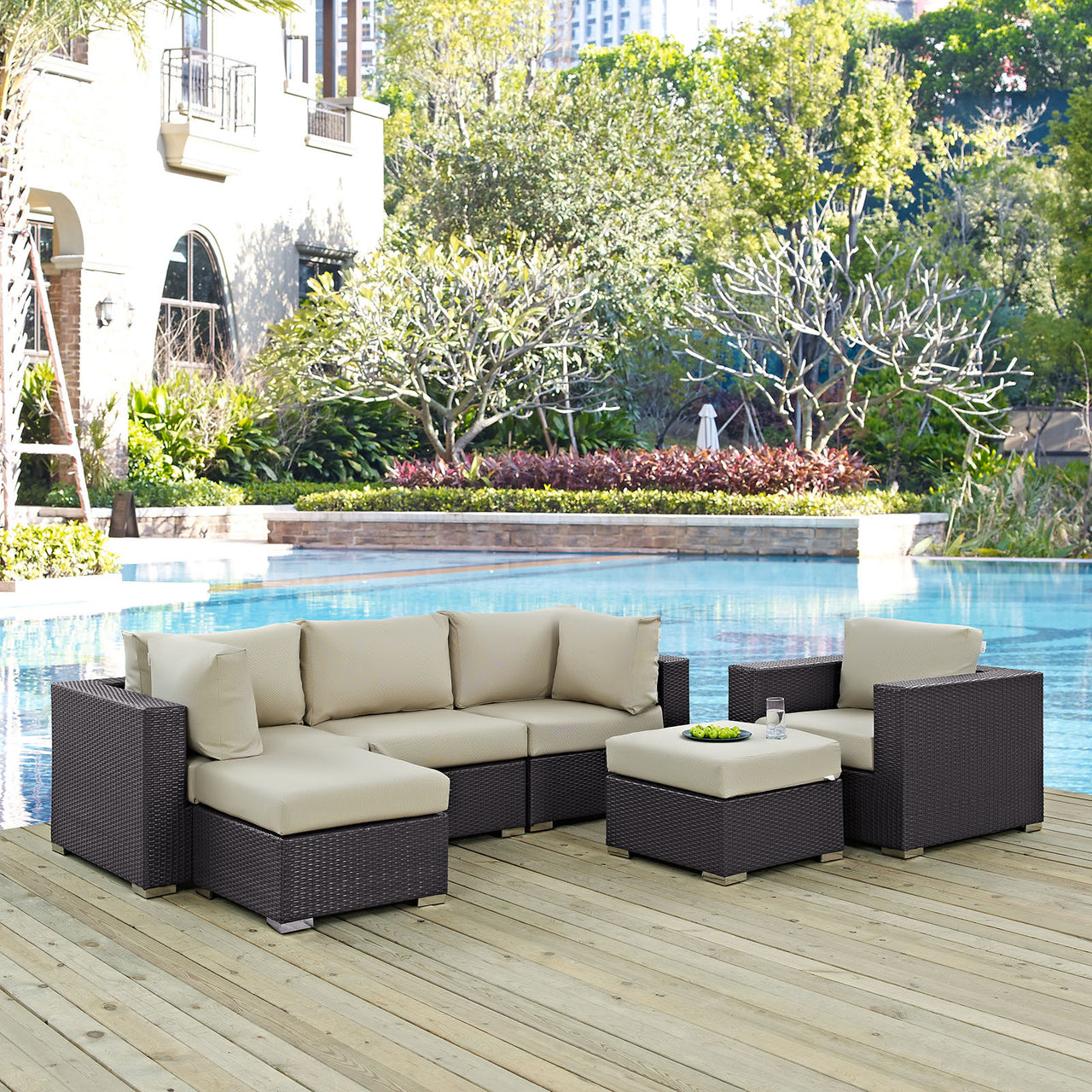 Conversation 6-Piece Alfresco Sectional Set, Espresso & Beige