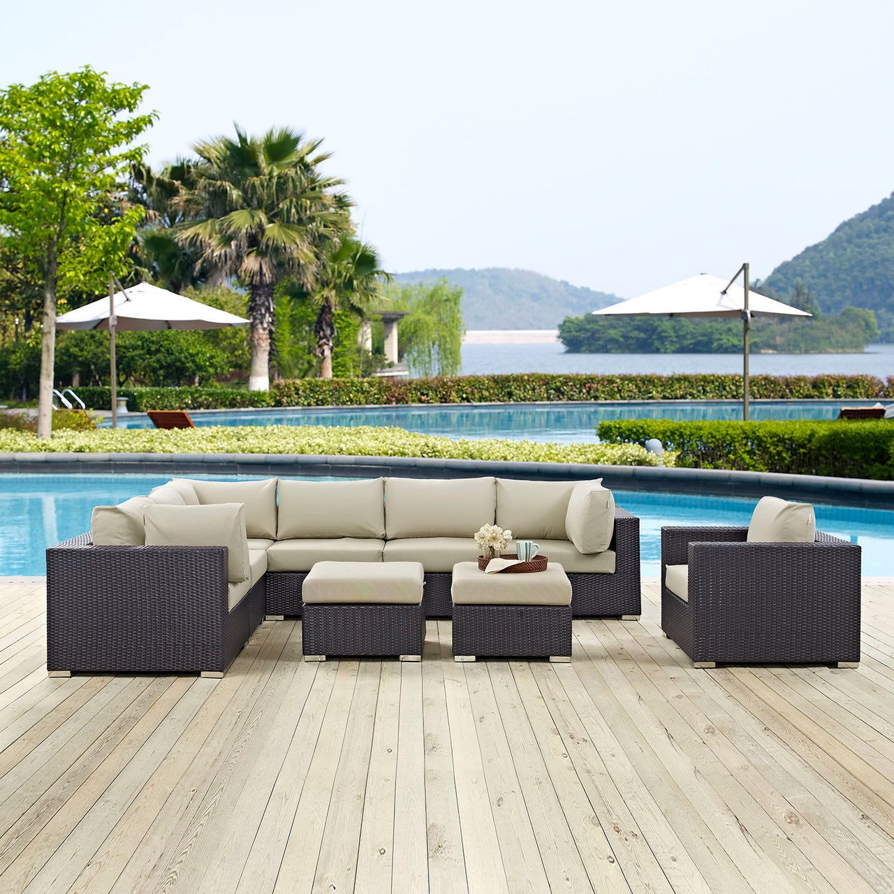 Convene 9 Piece Outdoor Patio Sectional Set, Espresso & Beige