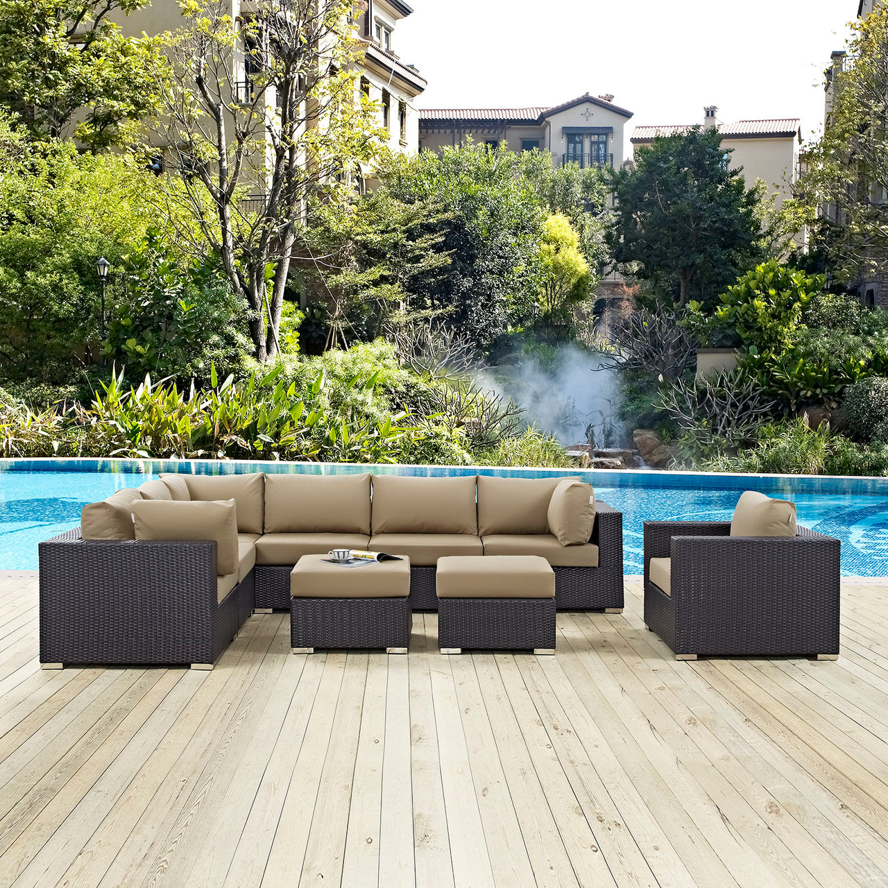 Conversation 9-Piece Alfresco Sectional Set, Espresso & Mocha