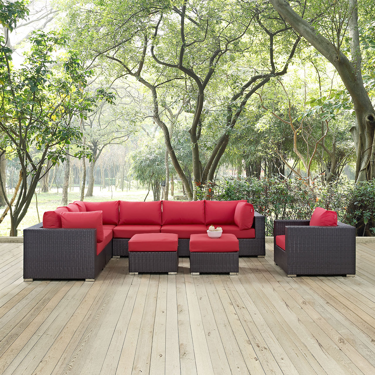Conversation 9-Piece Alfresco Sectional Set, Espresso & Red