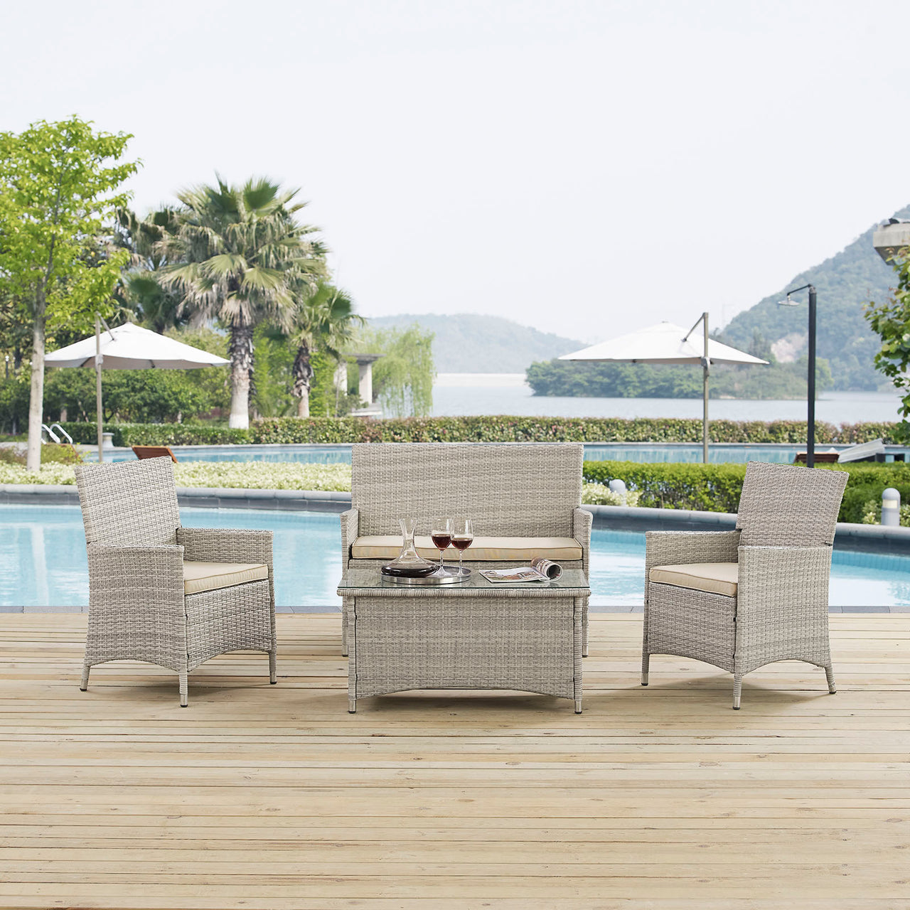 Bridge 4 Piece Outdoor Patio Conversation Set, Light Gray & Beige