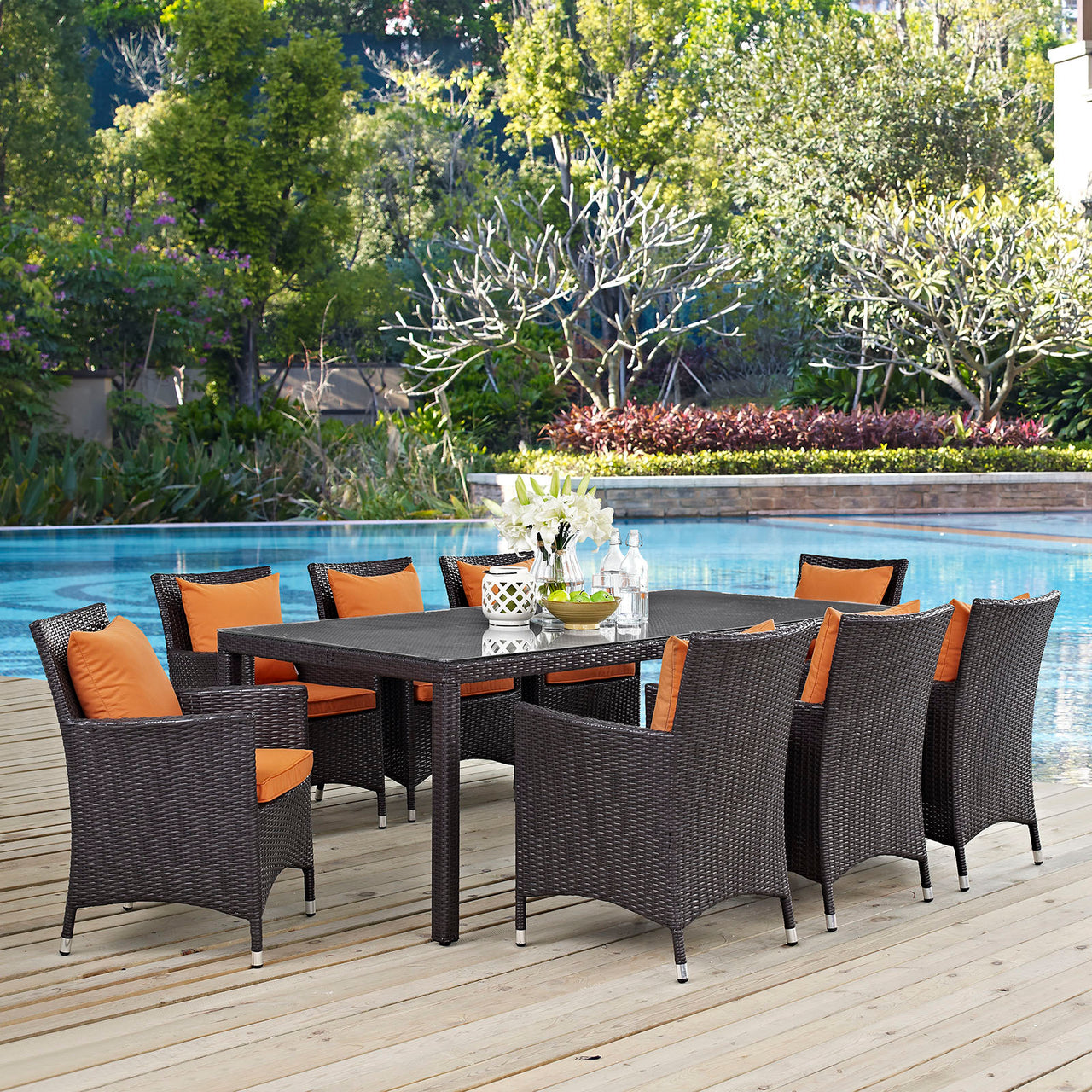 Convene 9 Piece Outdoor Patio Dining Set, Espresso & Orange