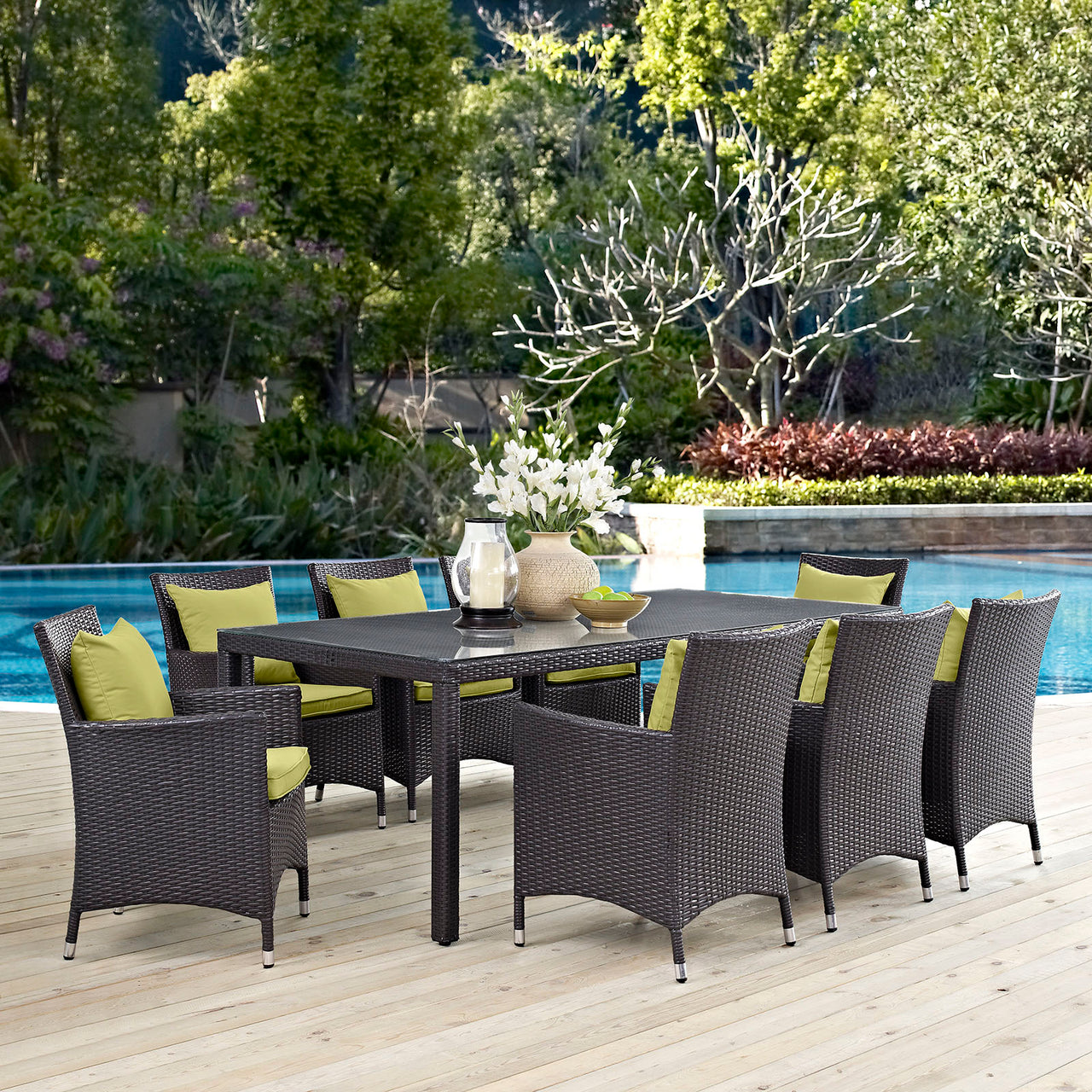 Convene 9 Piece Outdoor Patio Dining Set, Espresso & Peridot