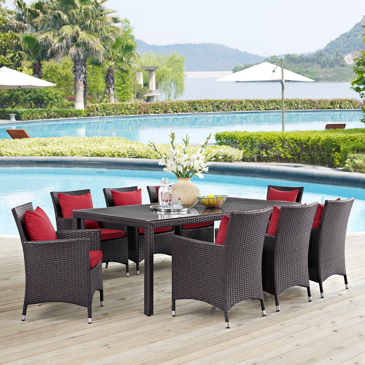Convene 9 Piece Outdoor Patio Dining Set, Espresso & Red