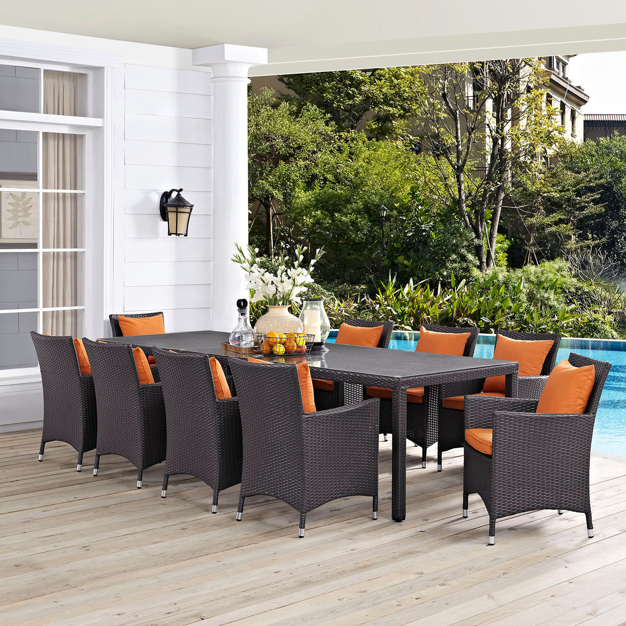 Convene 11 Piece Outdoor Patio Dining Set, Espresso & Orange