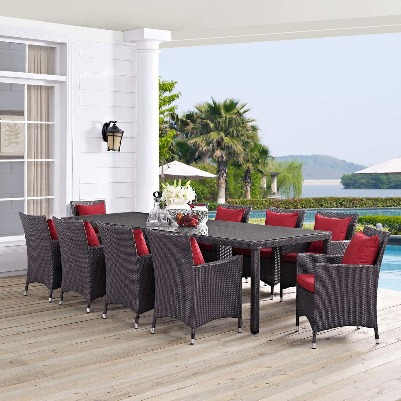 Conversation 11-Piece Alfresco Dining Set, Espresso & Red