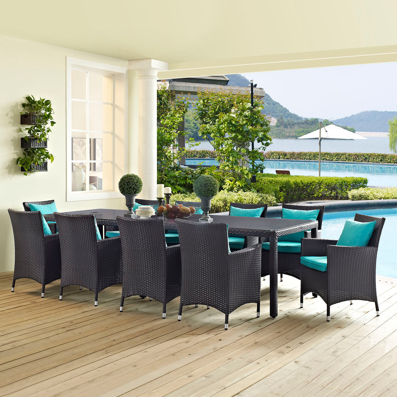Convene 11 Piece Outdoor Patio Dining Set, Espresso & Turquoise