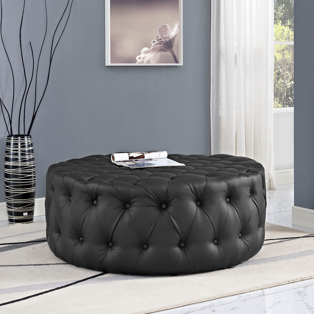 Amour Upholstered Vinyl Ottoman, Black