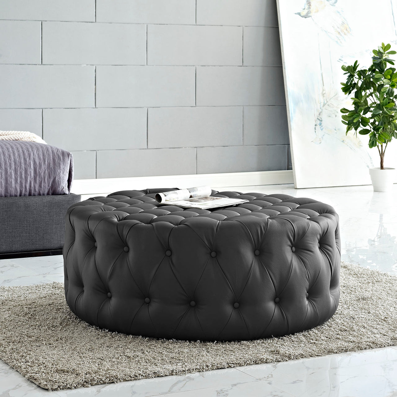 Amour Upholstered Vinyl Ottoman, Black