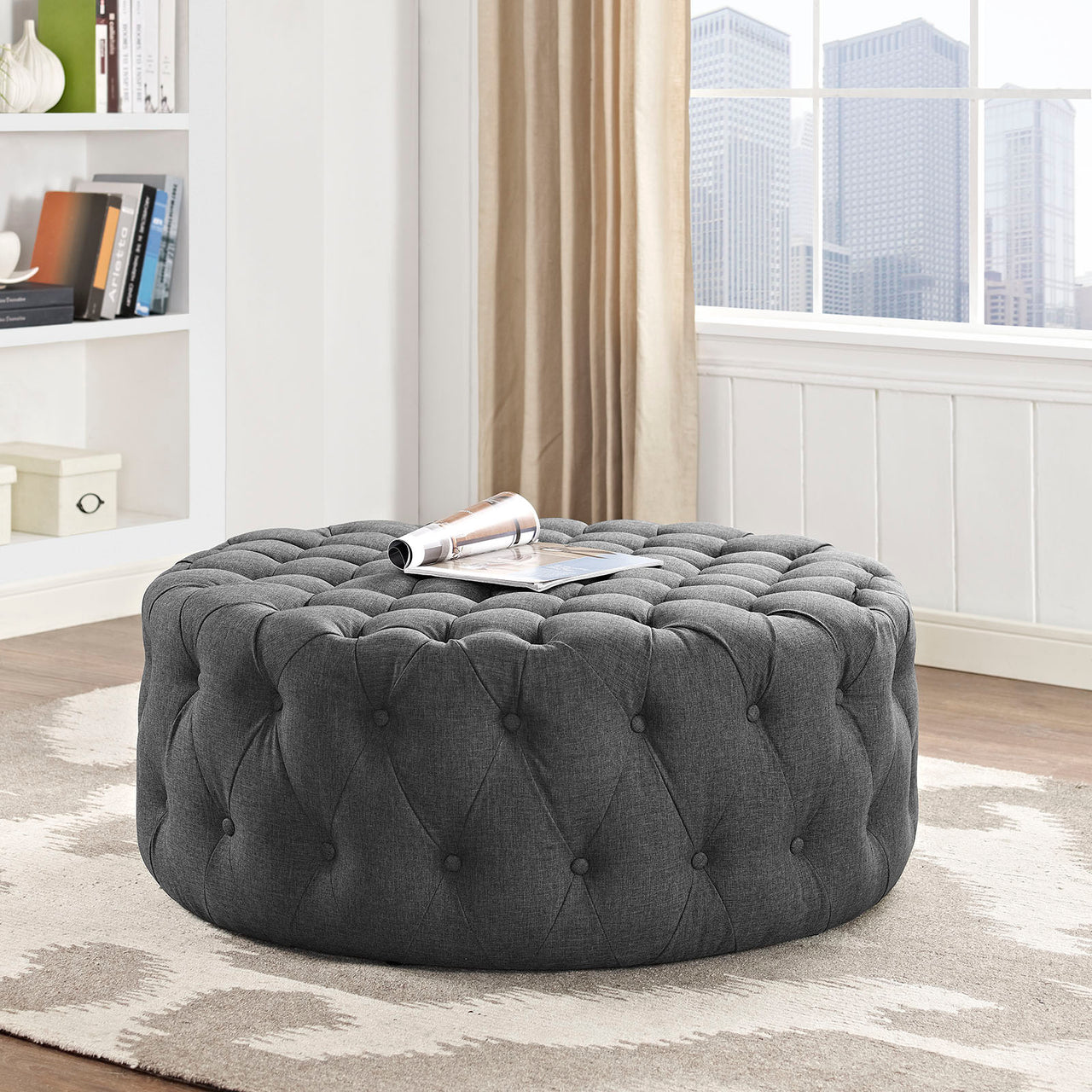 Amour Upholstered Fabric Ottoman, Gray