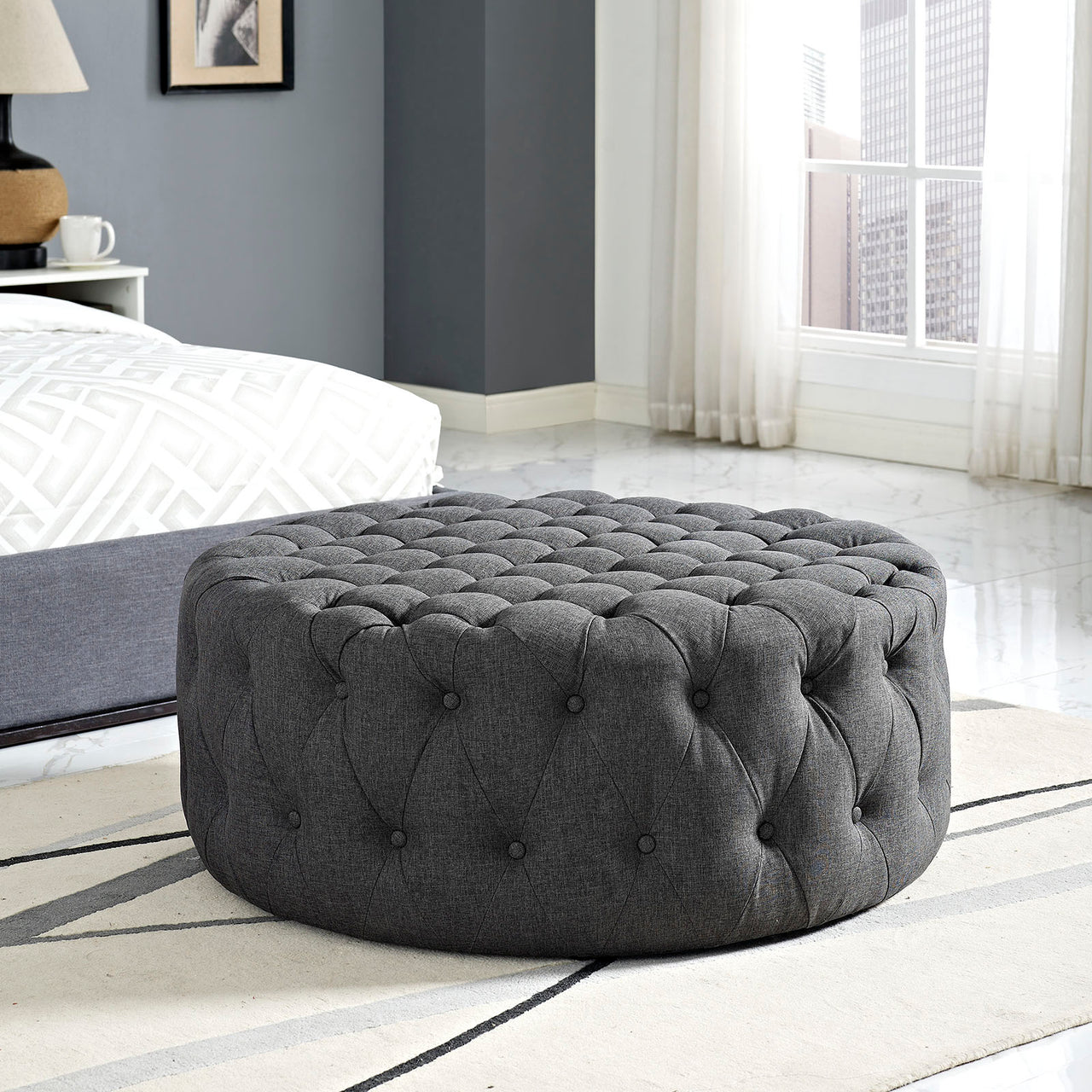Amour Upholstered Fabric Ottoman, Gray