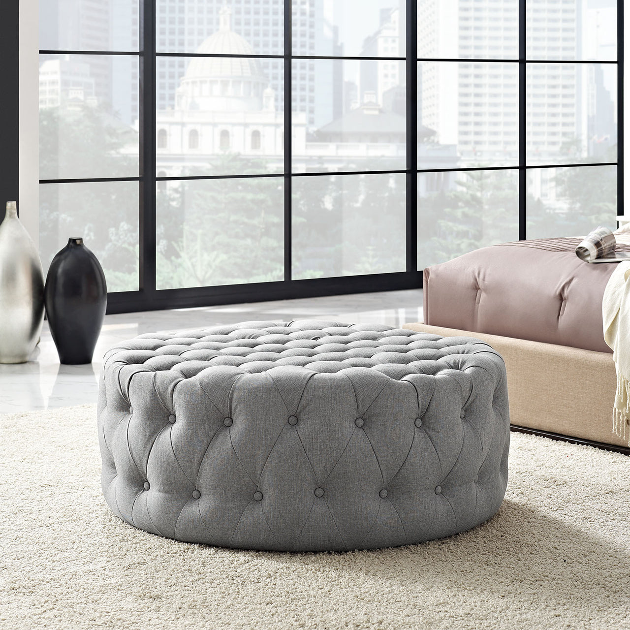 Amour Upholstered Fabric Ottoman, Light Gray