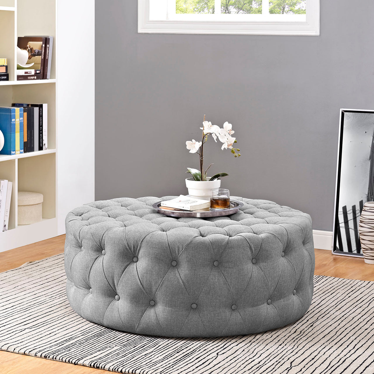Amour Upholstered Fabric Ottoman, Light Gray