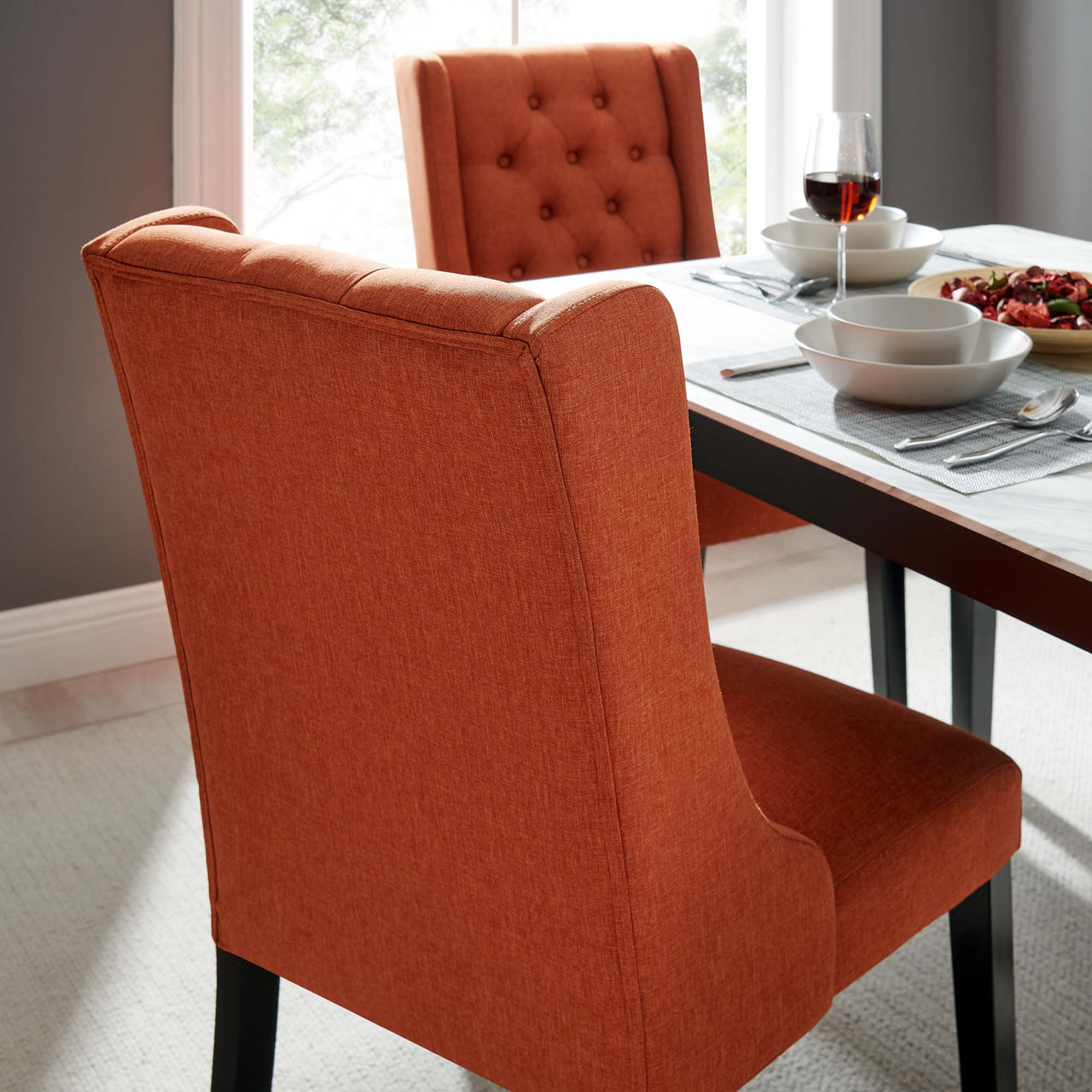 Baronet Button Tufted Fabric Dining Chair, Orange