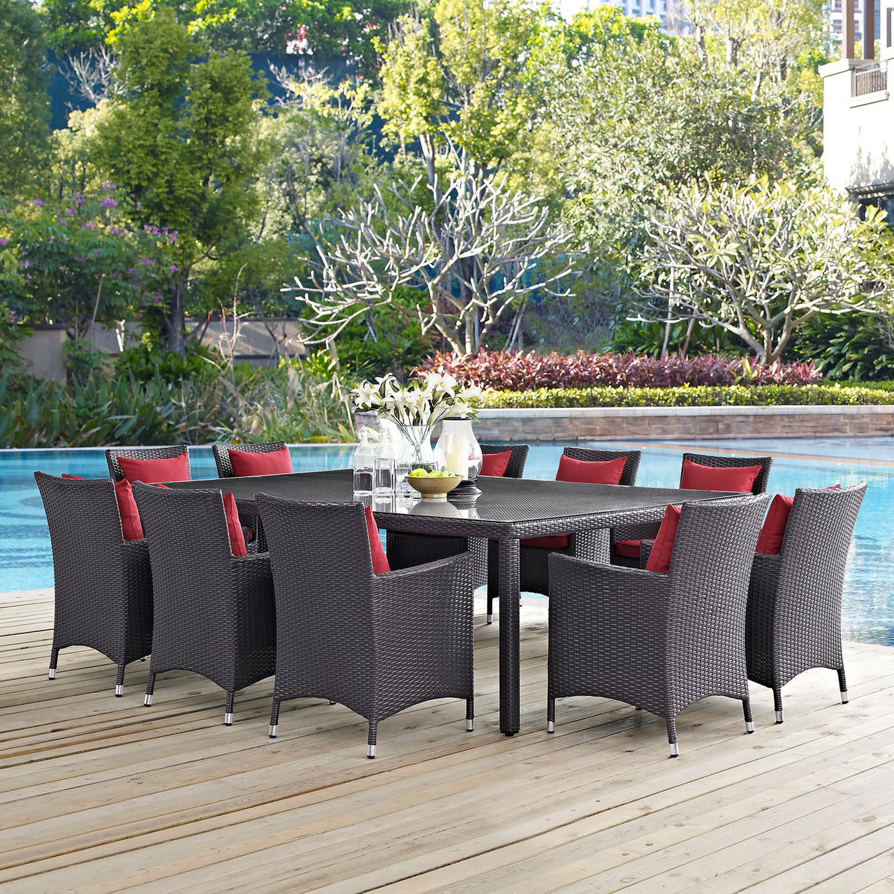 Conversation 11-Piece Alfresco Dining Set, Espresso & Red
