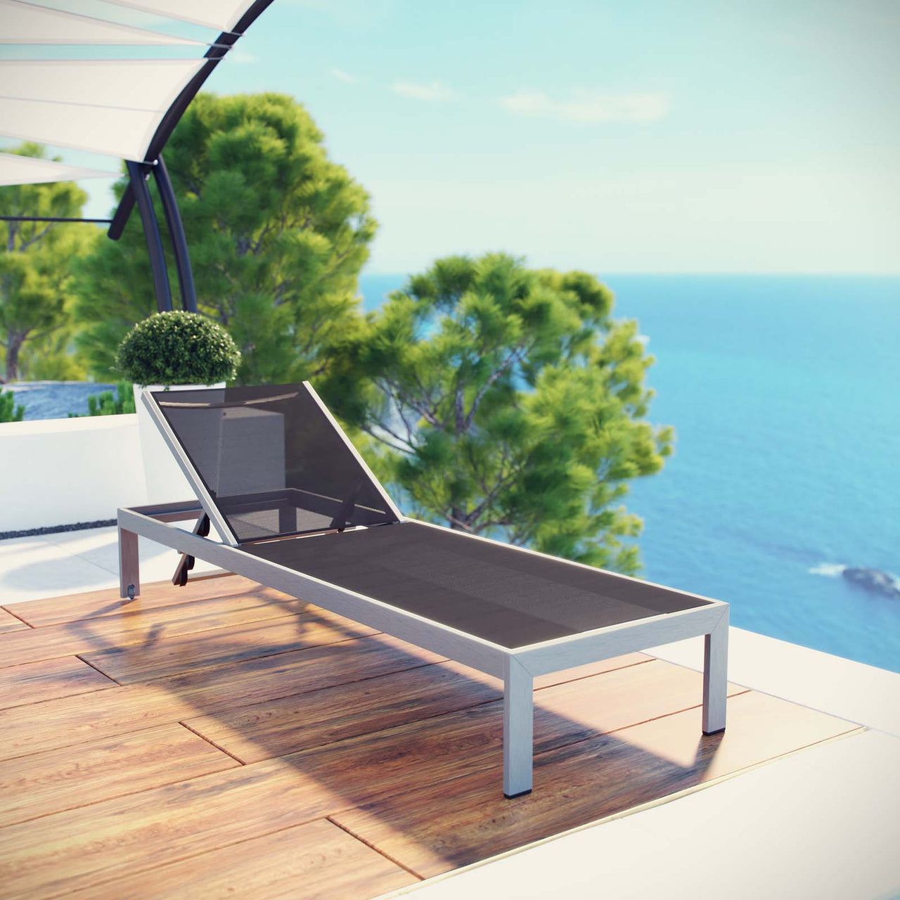 Shore Outdoor Patio Aluminum Mesh Chaise, Silver & Black