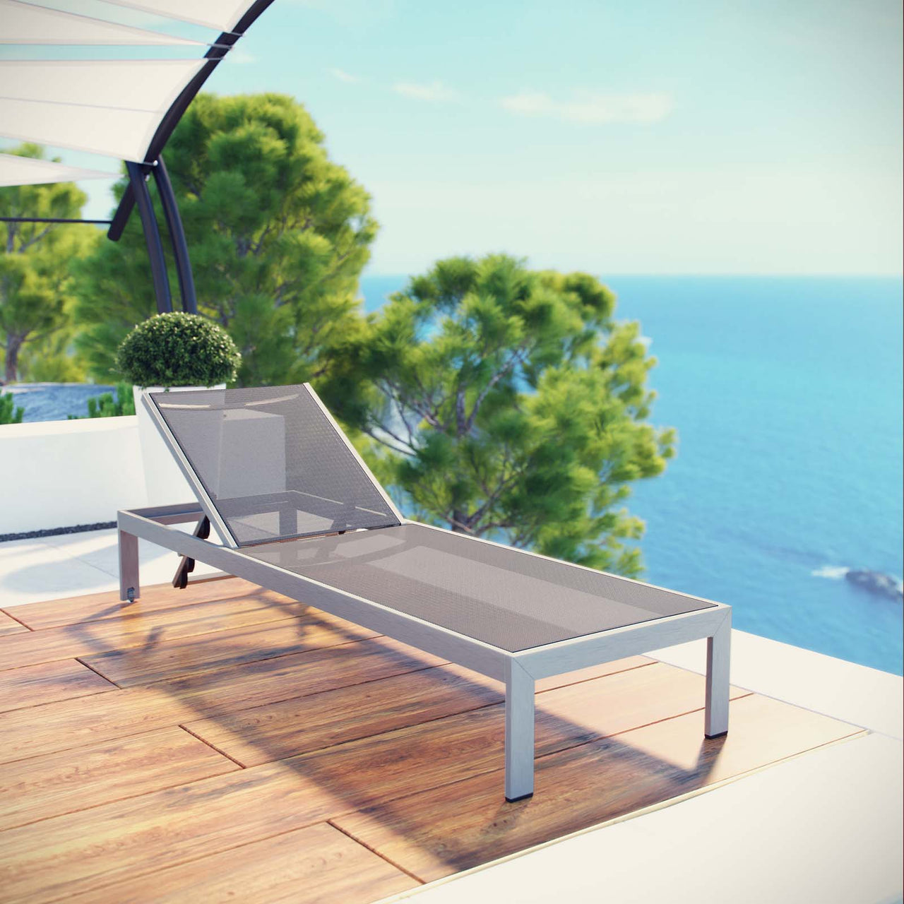 Shore Outdoor Patio Aluminum Mesh Chaise, Silver & Gray