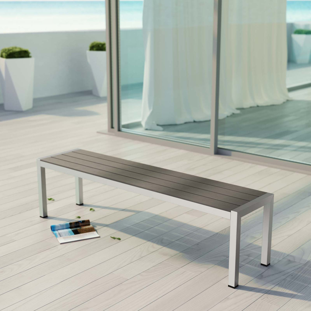 Shore Outdoor Patio Aluminum Bench, Silver & Gray