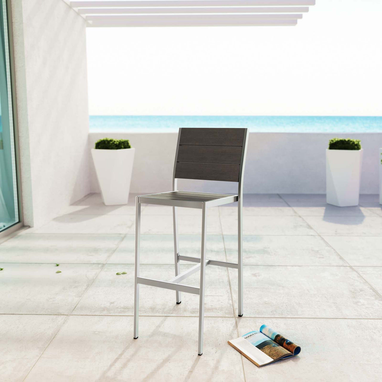 Shore Outdoor Patio Aluminum Armless Bar Stool, Silver & Gray