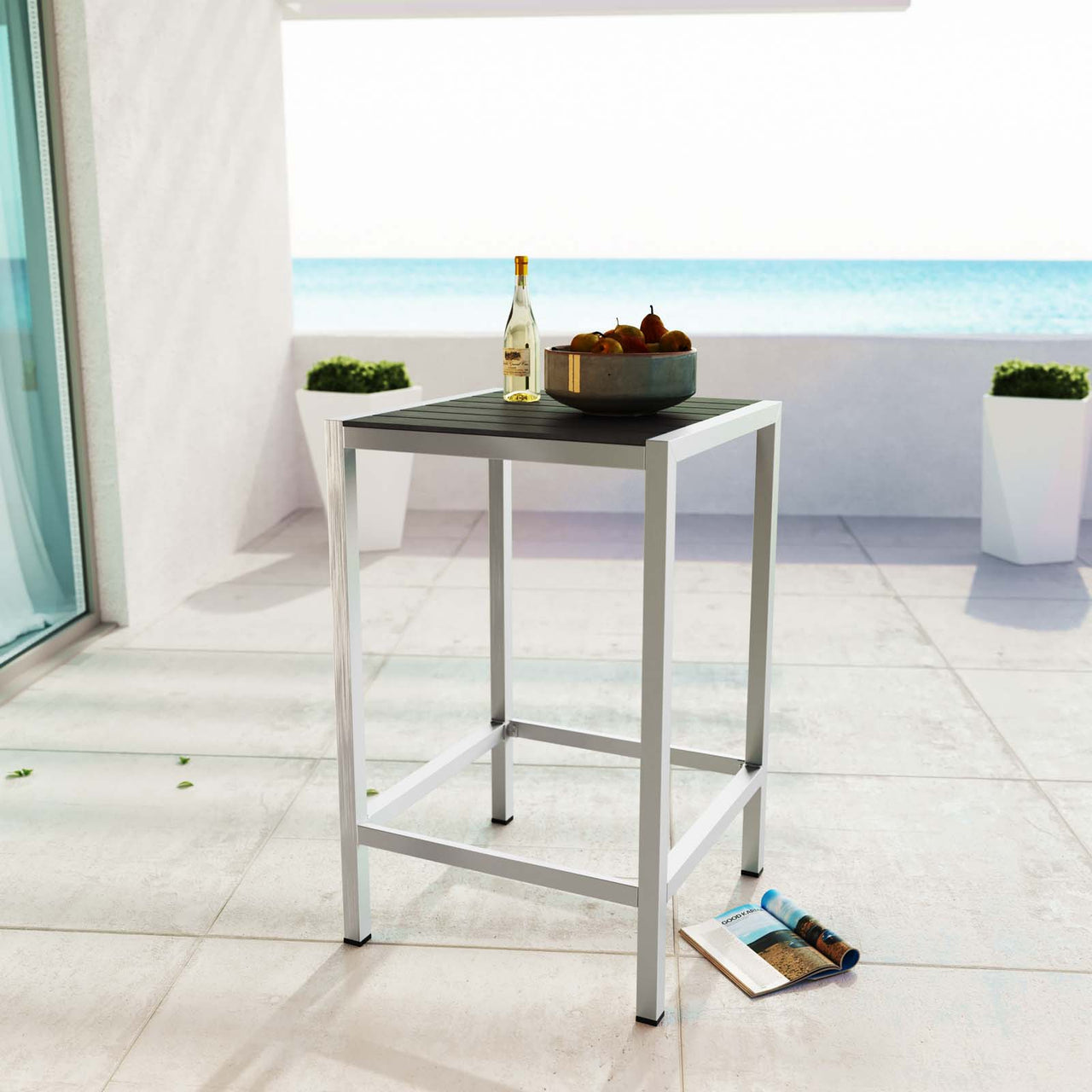 Shore Outdoor Patio Aluminum Bar Table, Silver & Gray
