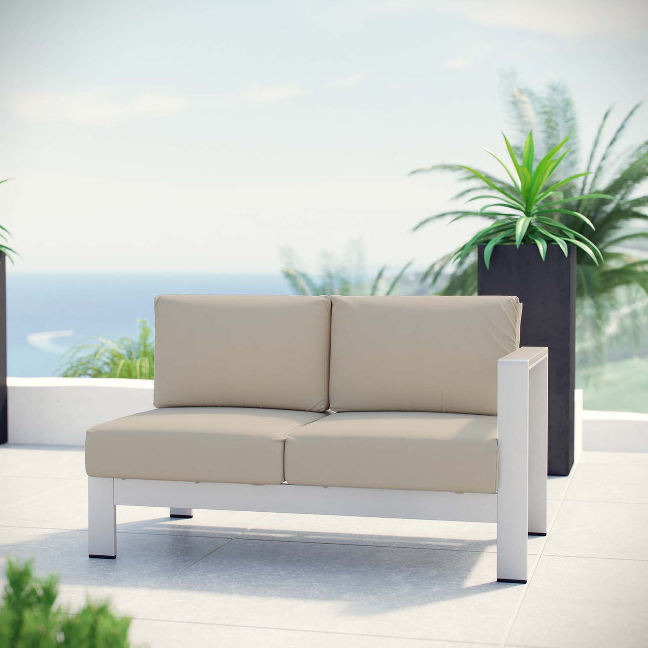 Shore Outdoor Patio Aluminum Right-Arm Loveseat | Outdoor Modular Sectional Component, Silver & Beige