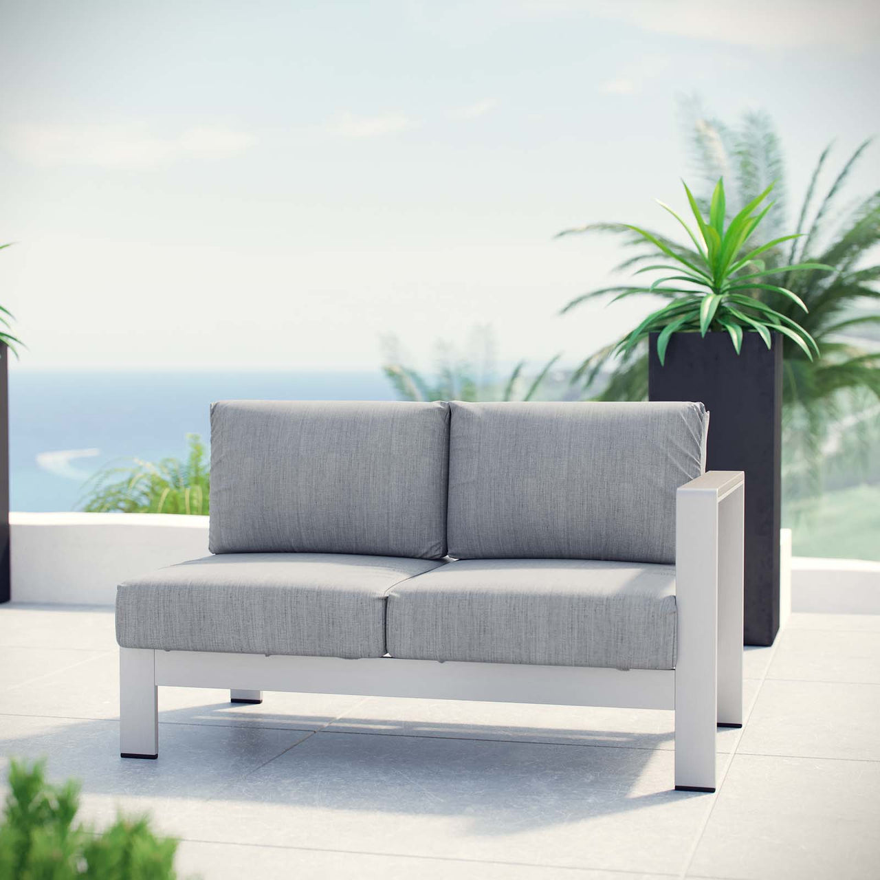 Shorea Alfresco Right-Arm Loveseat | Outdoor Modular Sectional Component, Silver & Gray
