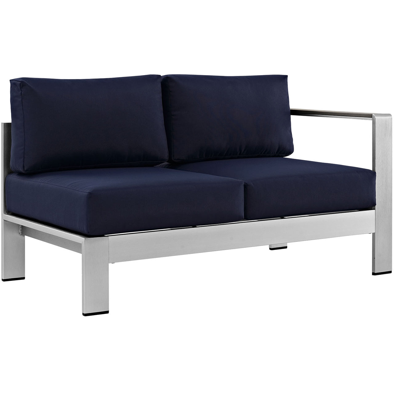 Shore Outdoor Patio Aluminum Right-Arm Loveseat | Outdoor Modular Sectional Component, Silver & Navy