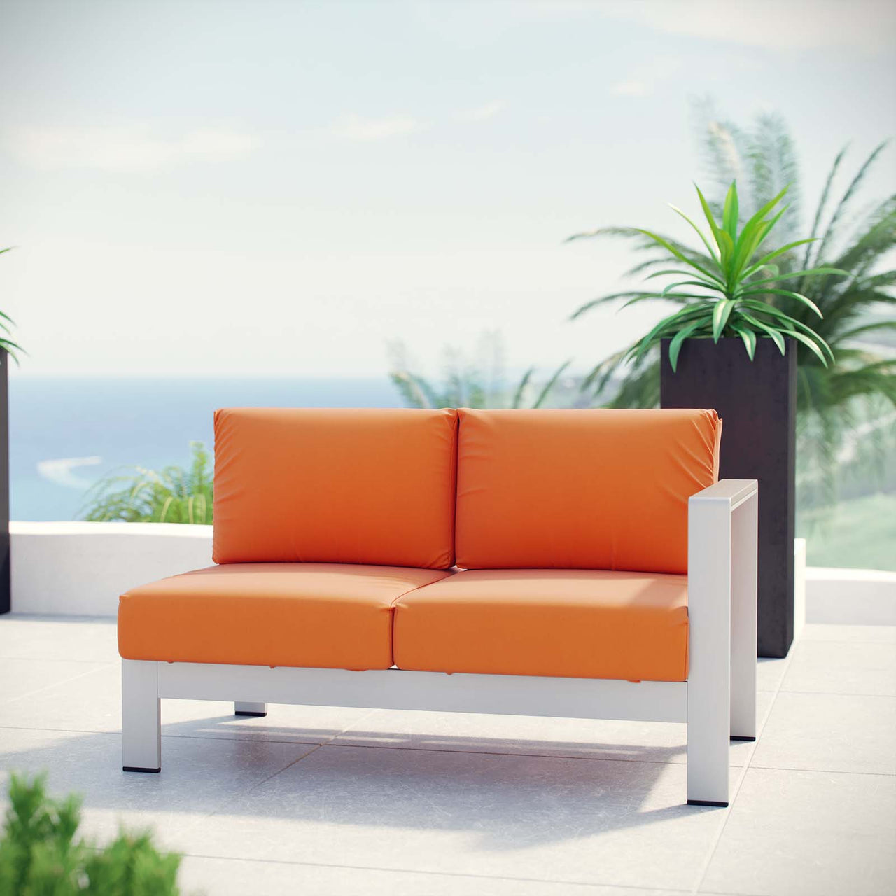 Shore Outdoor Patio Aluminum Right-Arm Loveseat | Outdoor Modular Sectional Component, Silver & Orange