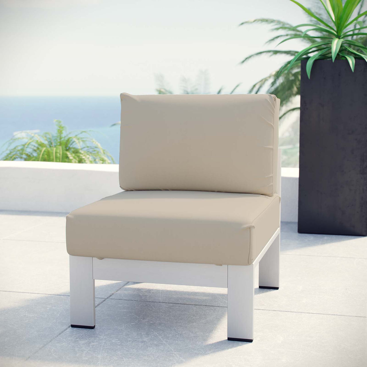 Shore Outdoor Patio Aluminum Armless Chair | Outdoor Modular Sectional Component, Silver & Beige