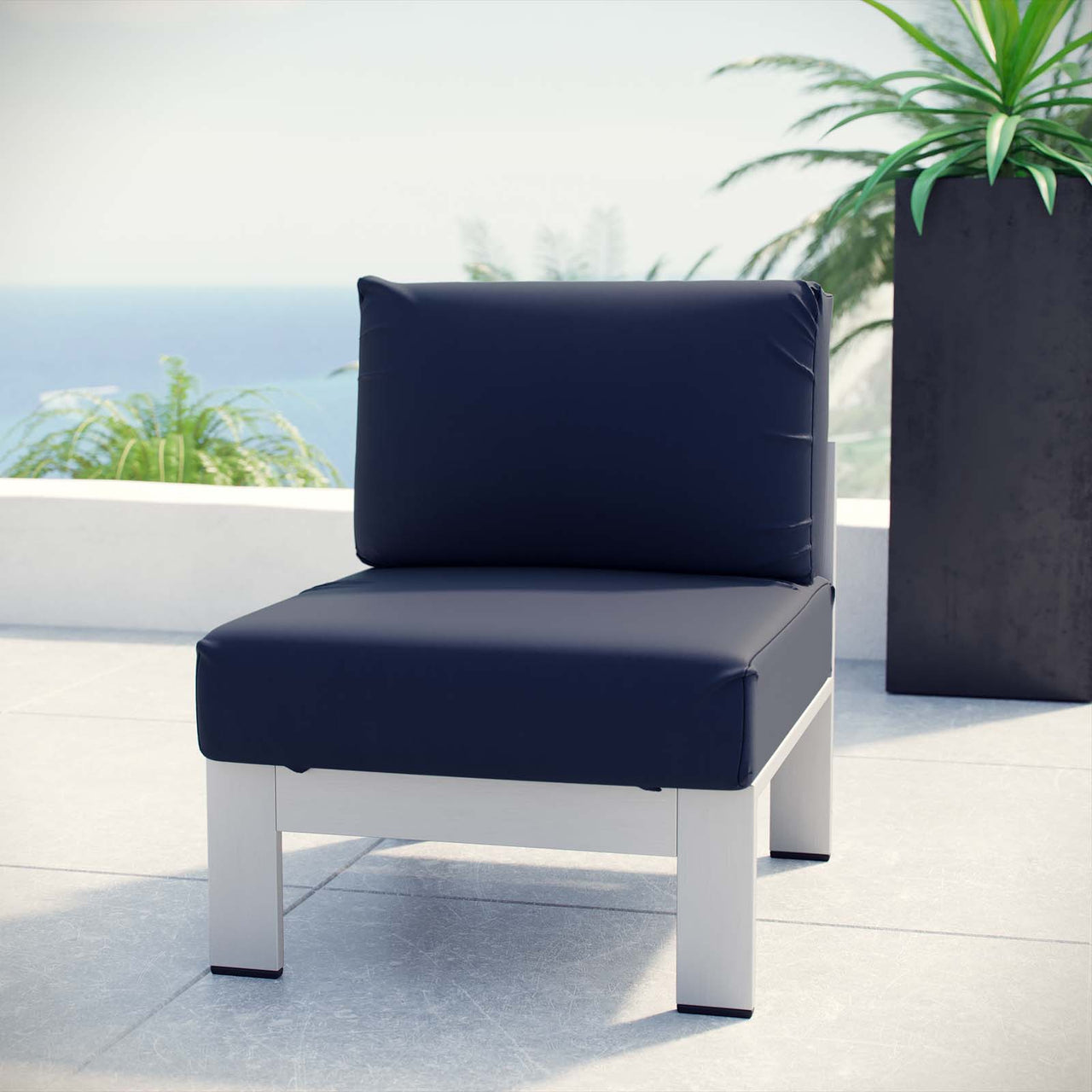 Shorea Alfresco Armless Chair | Outdoor Modular Sectional Component, Silver & Navy