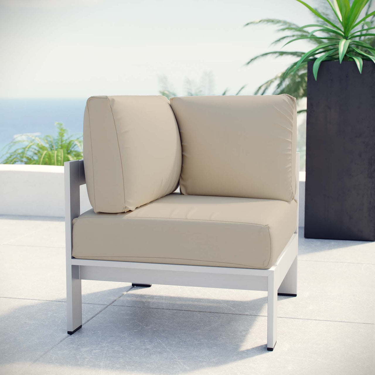 Shorea Alfresco Corner Chair | Outdoor Modular Sectional Component, Silver & Beige