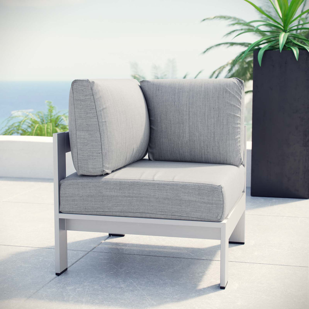 Shore Outdoor Patio Aluminum Corner Chair | Outdoor Modular Sectional Component, Silver & Gray
